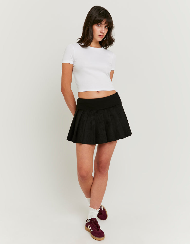 Ladies Black Suede Pleated Skirt-Model Full Front View