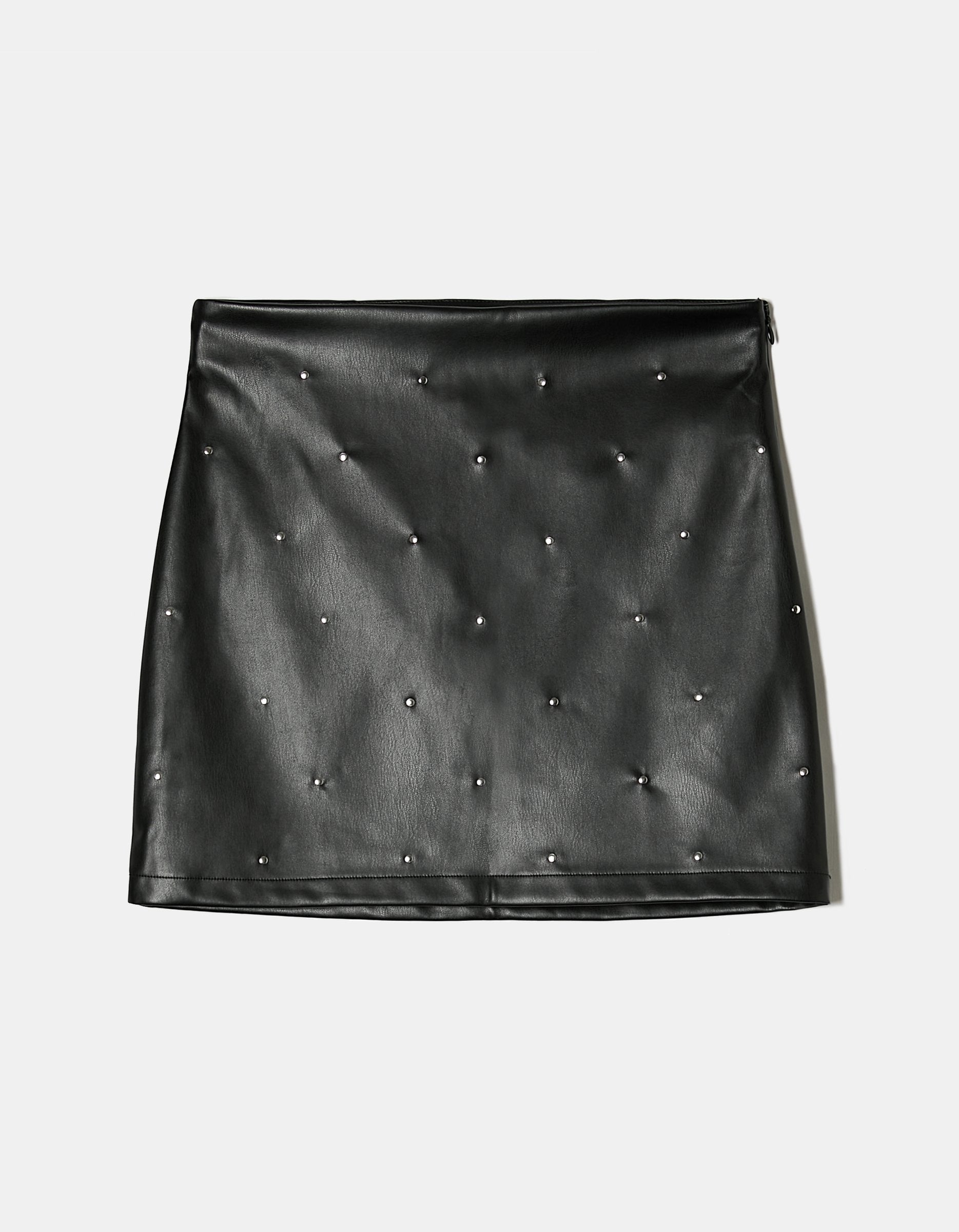 Ladies Black Leatherette Skirt With Studs-Ghost Front View