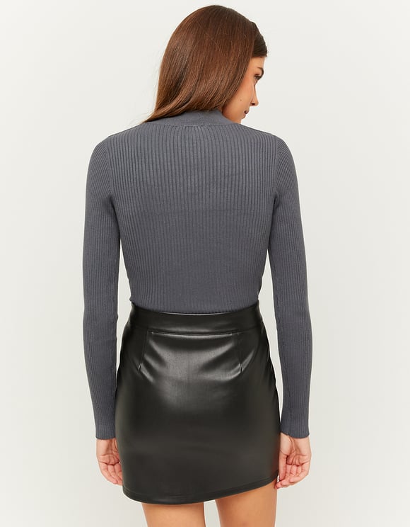 Ladies Black Faux Leather Skirt with Zipper-Model Back View