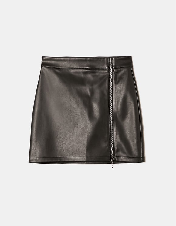 Ladies Black Faux Leather Skirt with Zipper-Ghost Front View