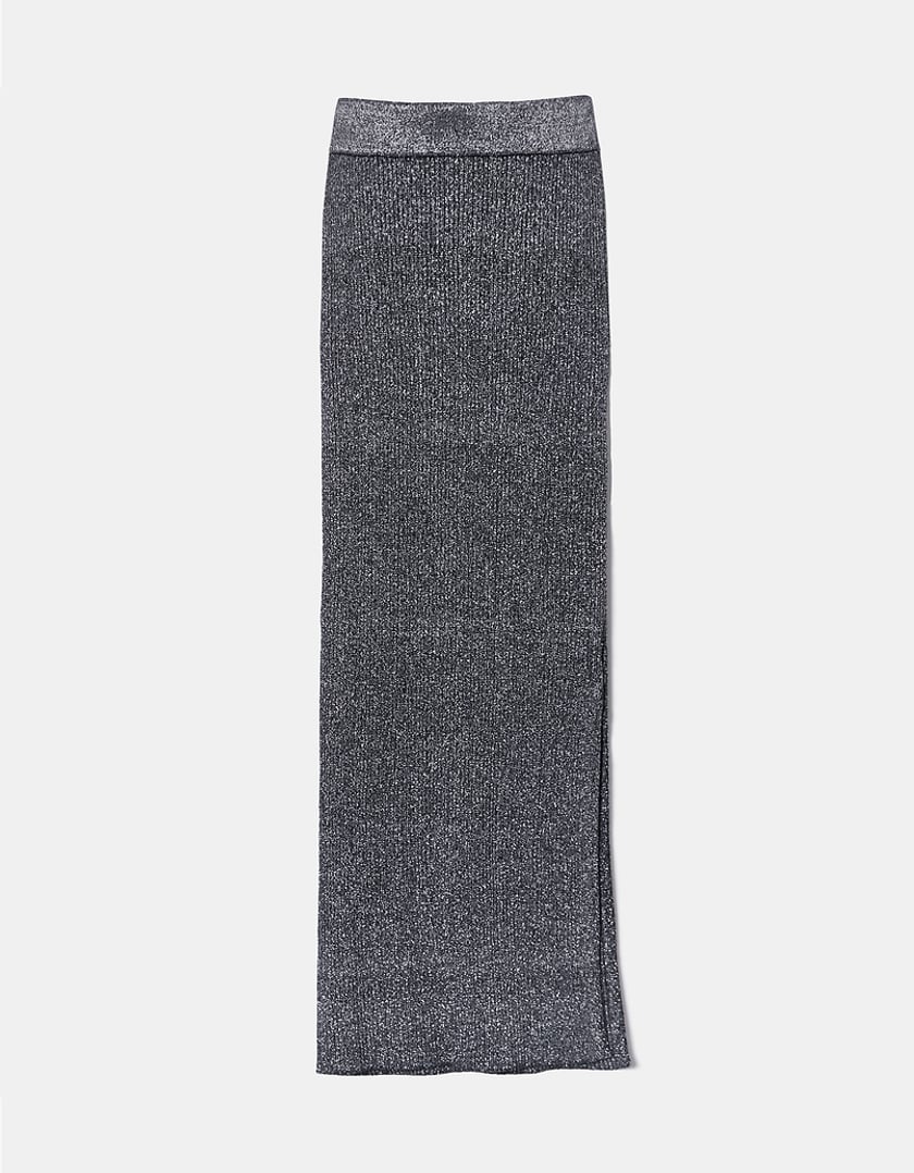 Ladies Knit Lurex Skirt With Slit-Front View