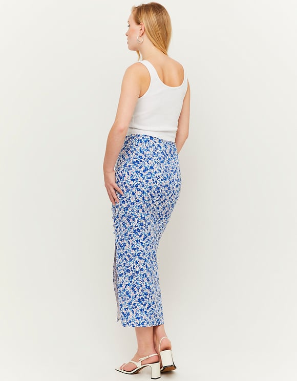 Ladies Light Blue Floral Midi Skirt With Slit-Back View