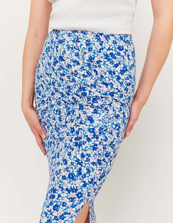 Ladies Light Blue Floral Midi Skirt With Slit-Close Up View