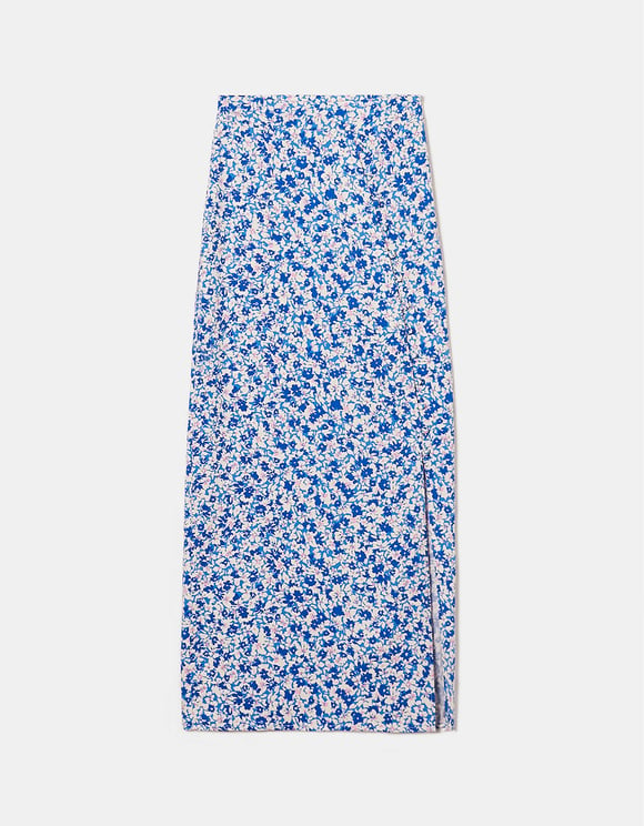 Ladies Light Blue Floral Midi Skirt With Slit-Ghost Front View