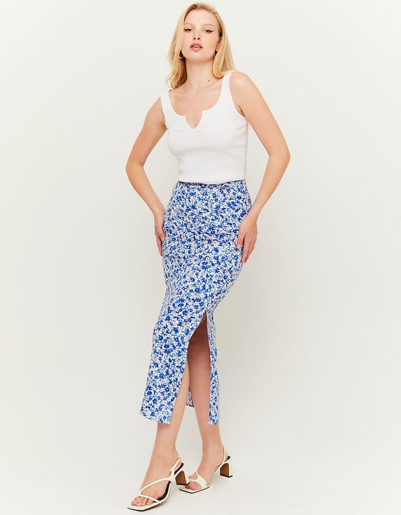 Ladies Light Blue Floral Midi Skirt With Slit-Model Front View