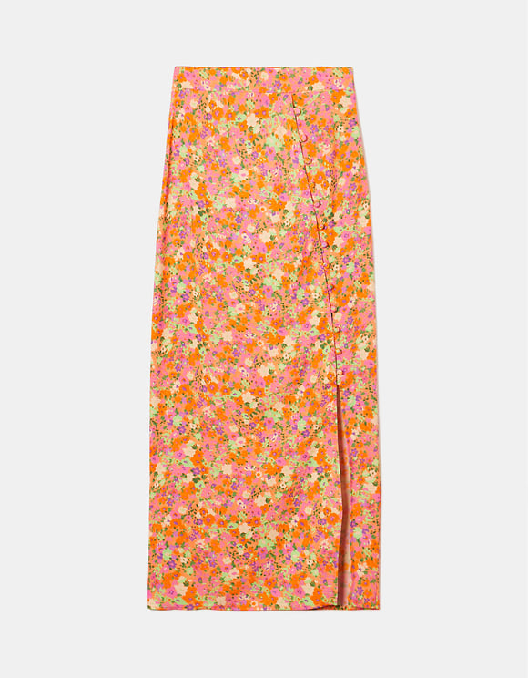 Ladies Light Floral Midi Skirt With Slit-Front View