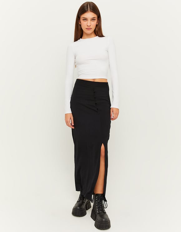 Ladies Printed Black Slit Midi Skirt-Front View