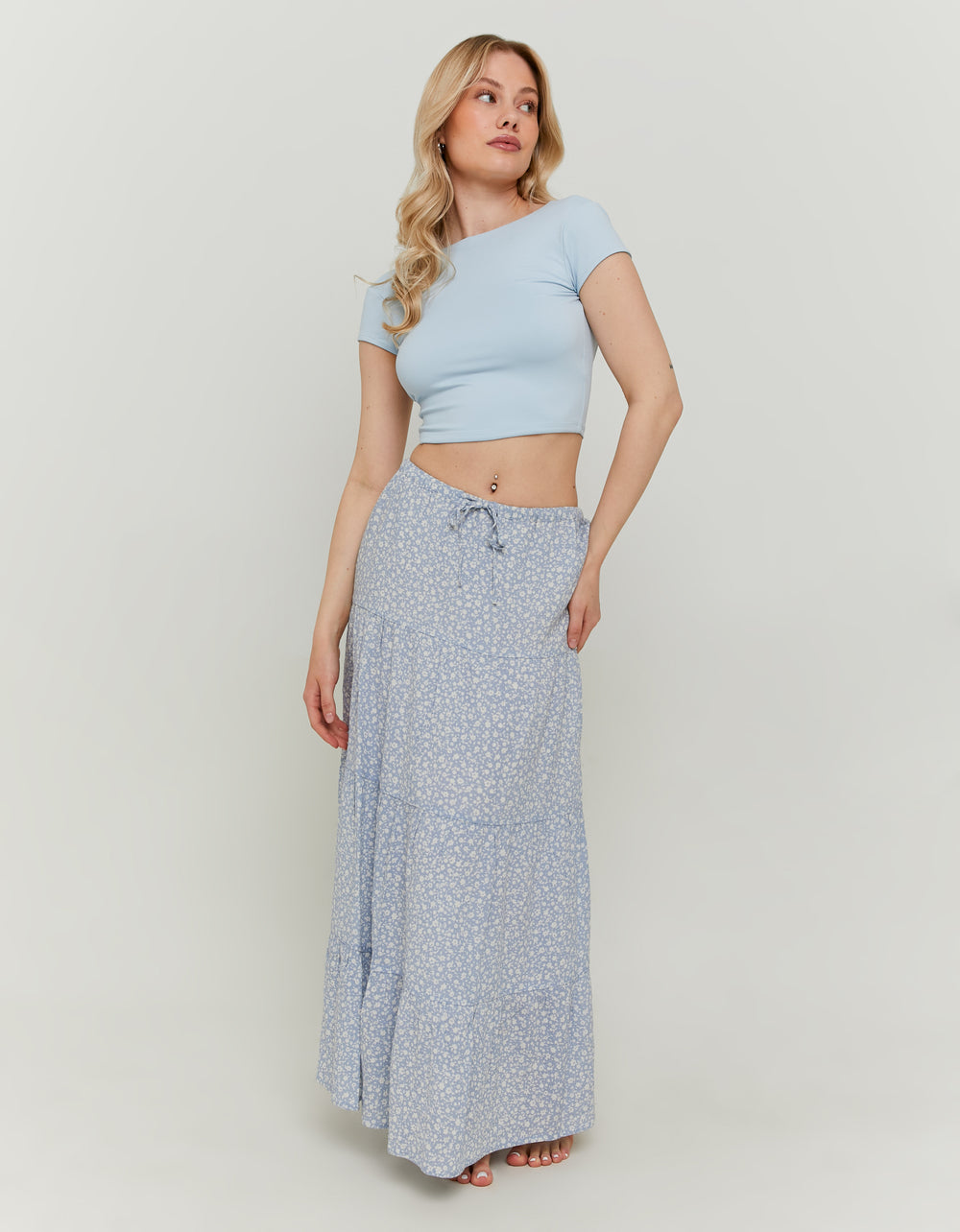 Ladies Long Blue & White Floral Shirt-Model Full Front View