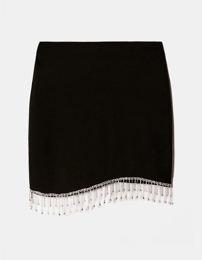 Black Mini Skirt With Waterfall Rhinestones-Front View
