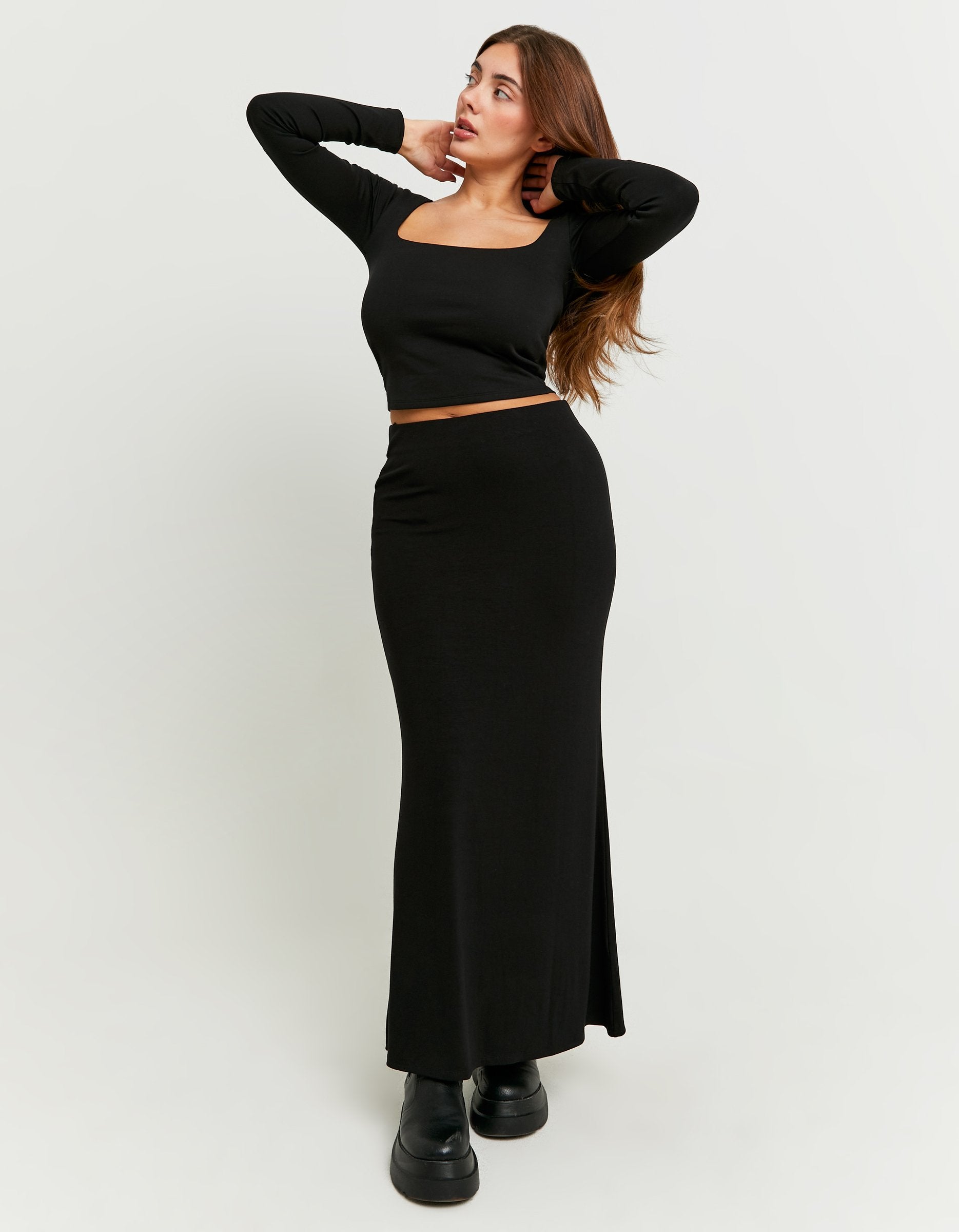 Ladies Black Maxi Skirt-Model Full Front View