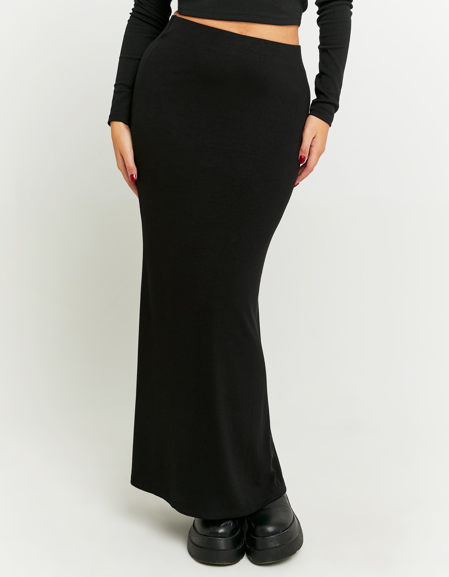 Ladies Black Maxi Skirt-Model Front View