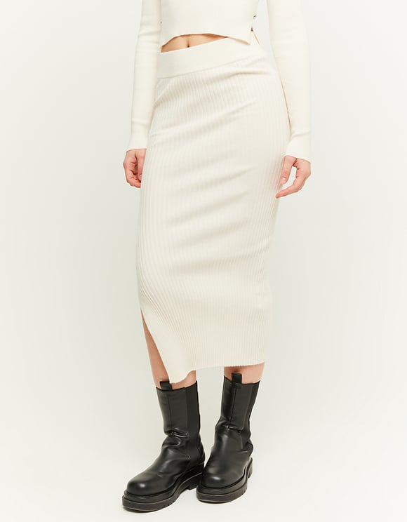 Ladies Beige Ribbed Skirt With Slit-Model Front View