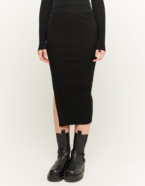 Tally Weijl Black Ribbed Skirt With Slit Black front view