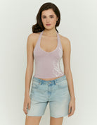 Ladies Pink Moneyfest Printed Halter Top-Model Front View