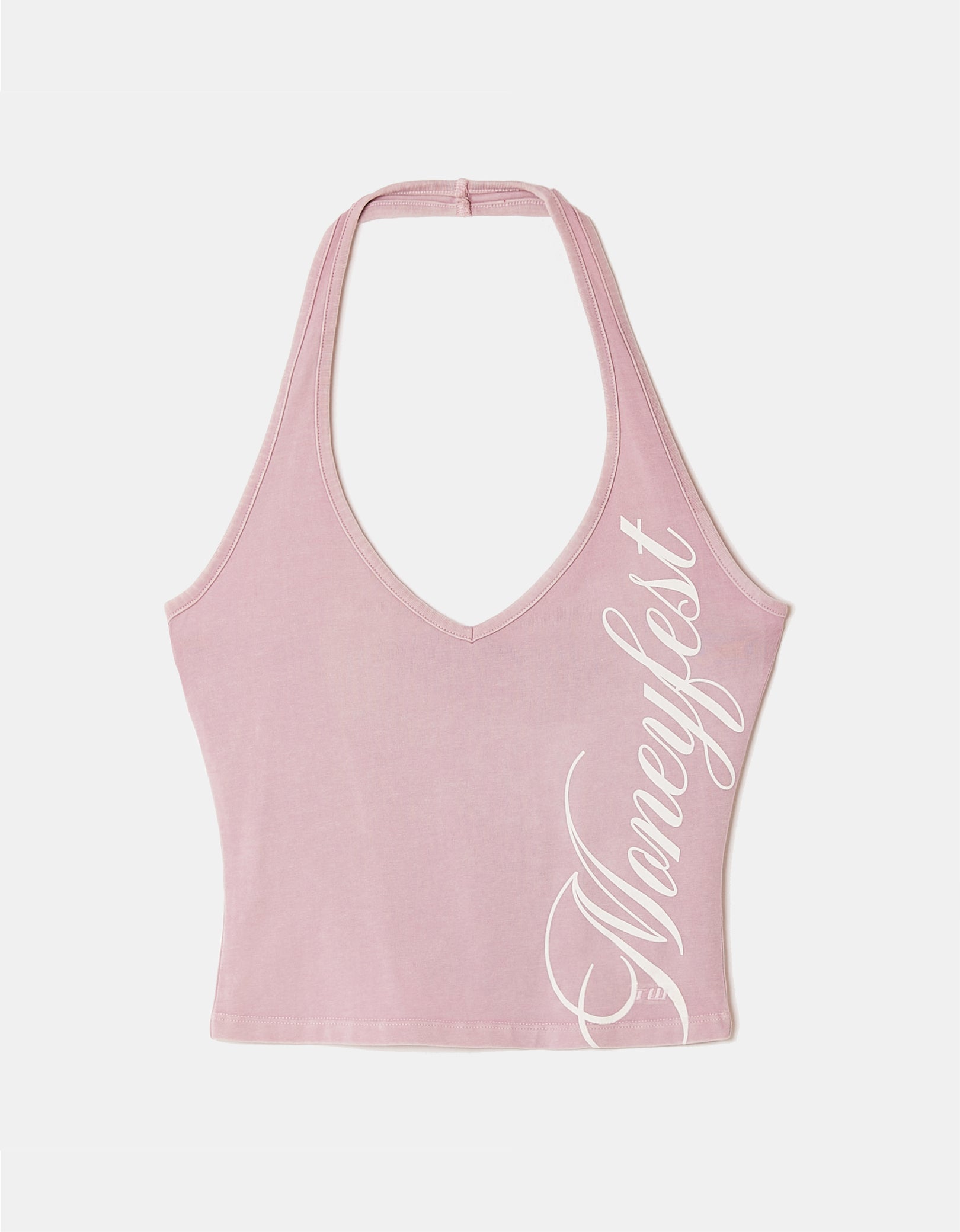Ladies Pink Moneyfest Printed Halter Top-Flat View
