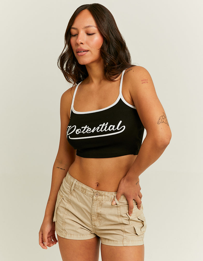 Ladies Cropped Black Potential Printed Tank Top-Model Front View