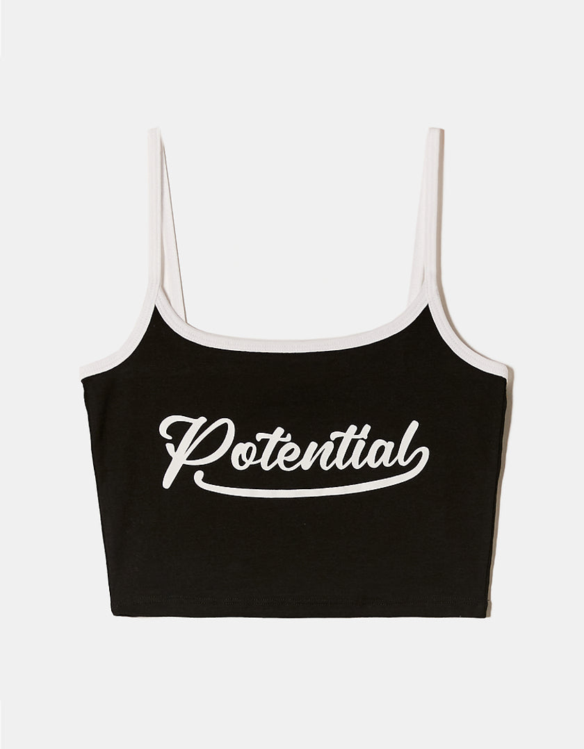 Ladies Cropped Black Potential Printed Tank Top-Front View