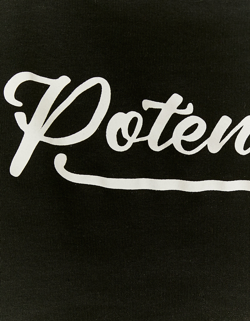 Ladies Cropped Black Potential Printed Tank Top-Close up of Wording