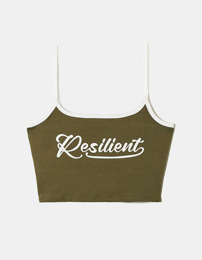 Ladies Cropped Green Resilient Printed Tank Top-Front View