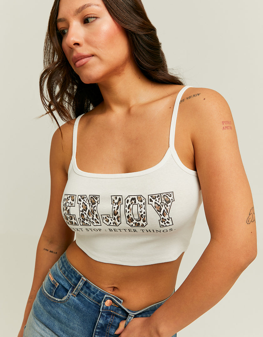 Ladies Cropped White Enjoy Printed Tank Top-Closer View of Front