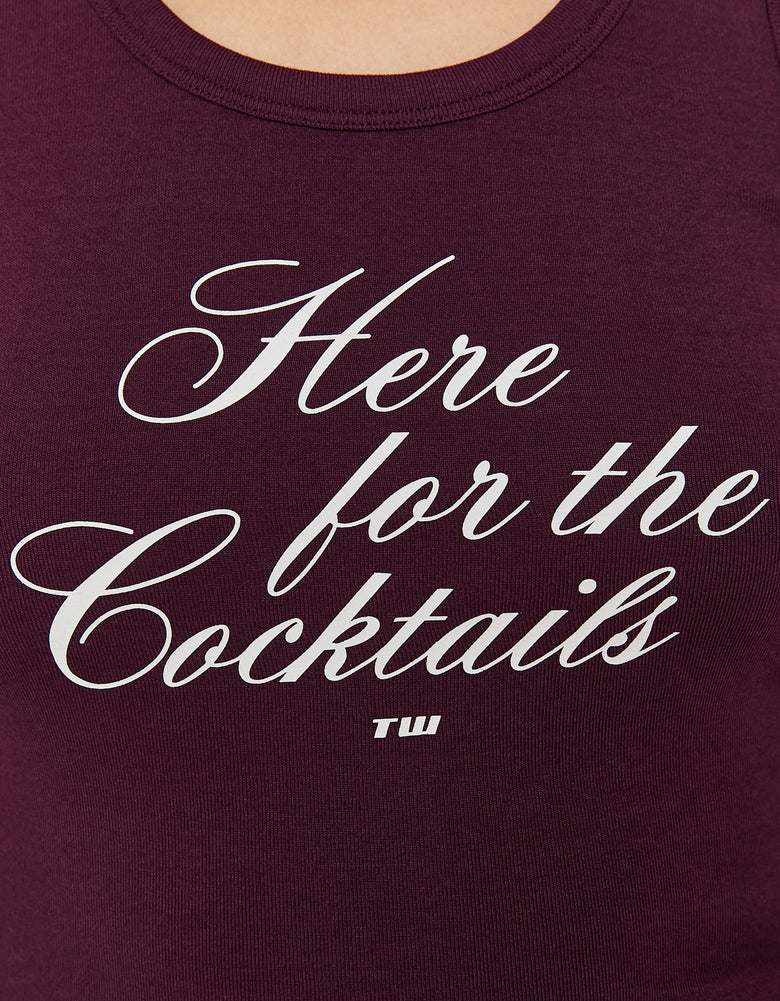Ladies Purple Tank Top With Print-Writing View-Here for the cocktails