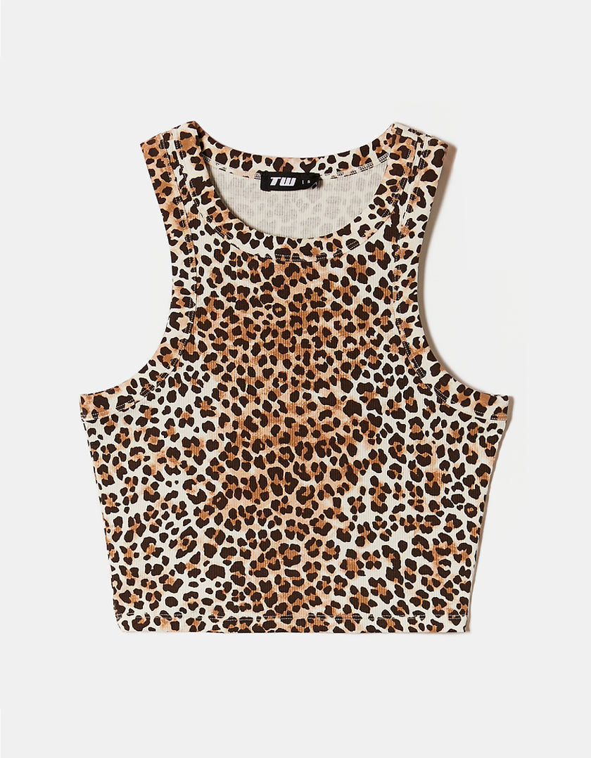 Ladies Leo Print Basic Cropped Tank Top-Front View