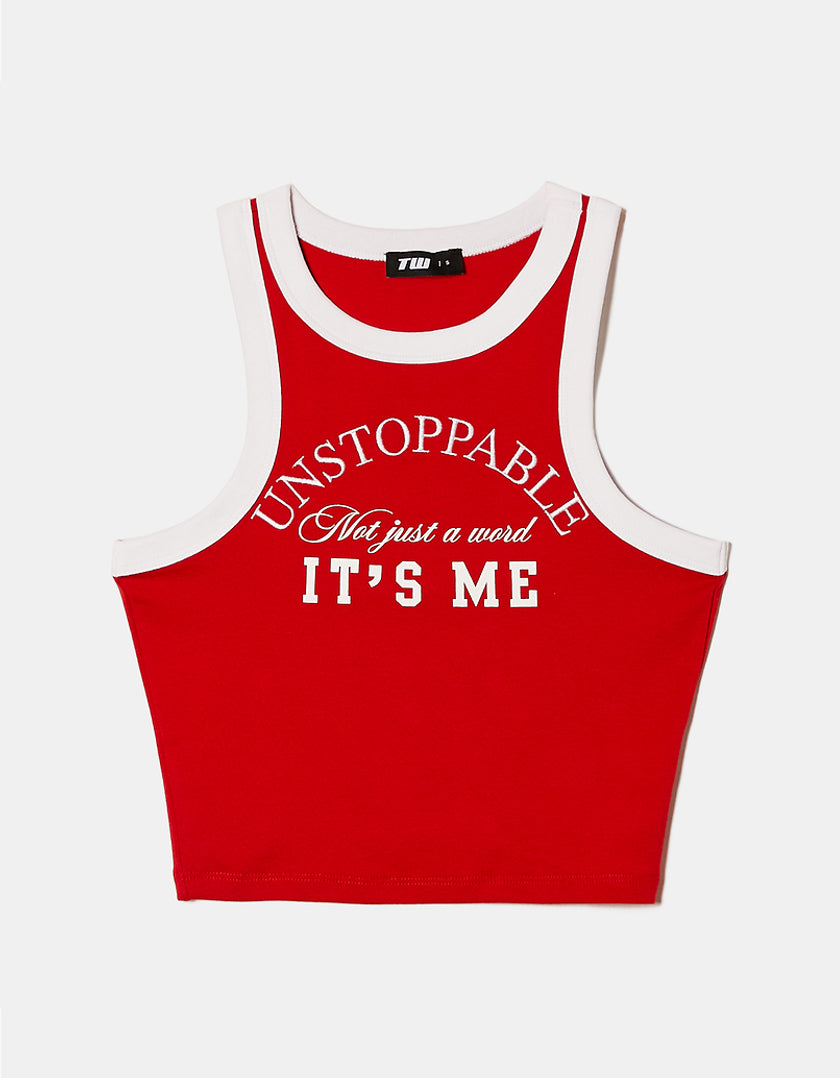 Ladies Red Printed Unstoppable Tank Top-Front View