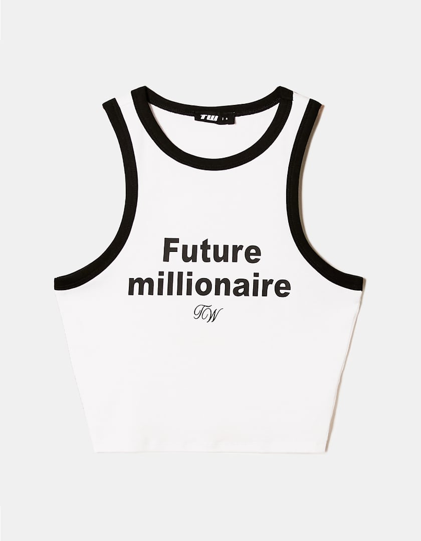 Ladies White Future Millionaire Printed Tank Top-Front View