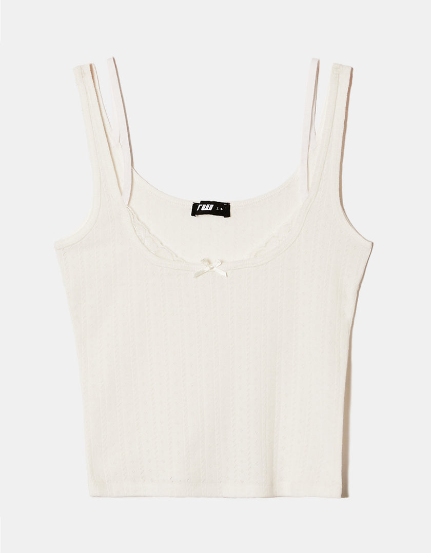 White Basic Tank Top With Lace Insert