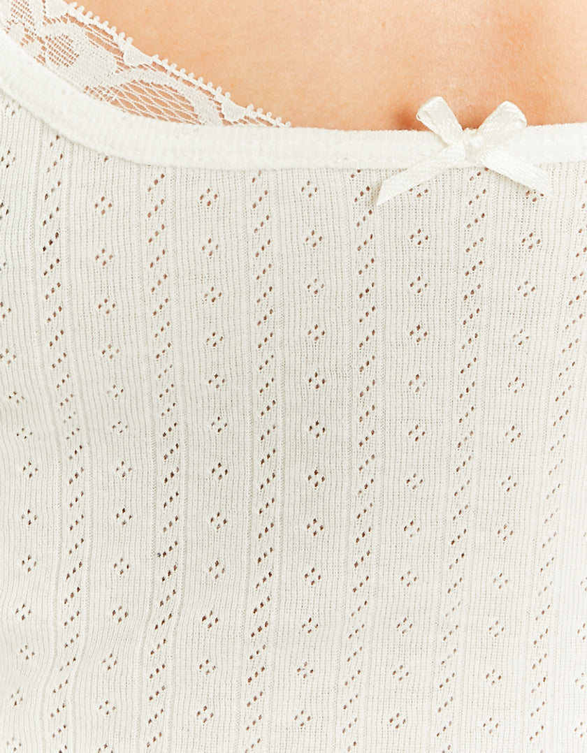 White Basic Tank Top With Lace Insert
