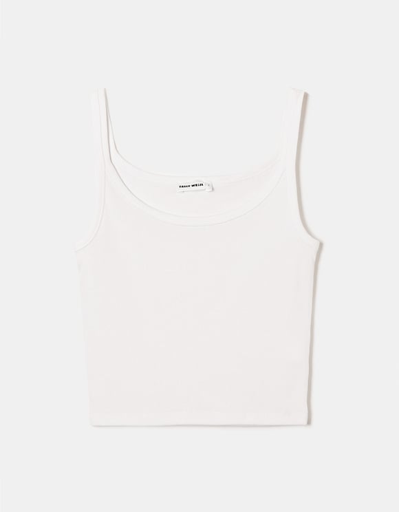Ladies Ribbed Basic White Tank Top-Front View