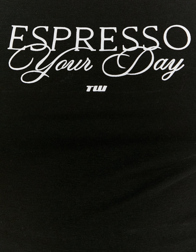 Ladies Black Stappy Top With Espresso Your Day Print-Writing View