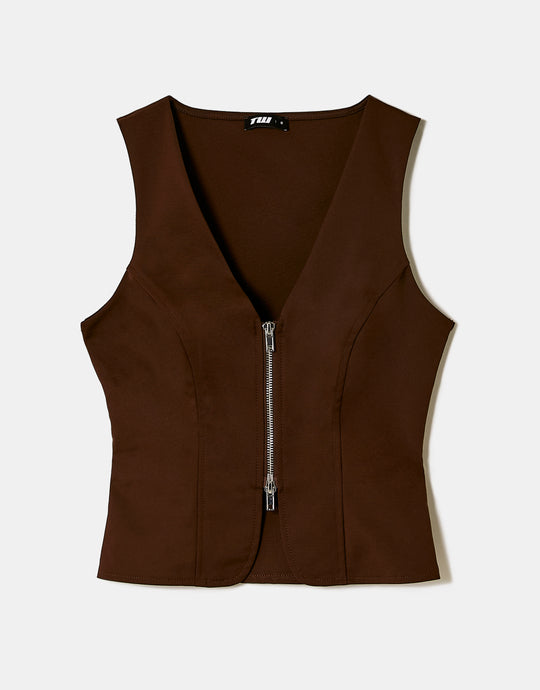 Tally Weijl Brown Zip Detail Cropped Top BROWN back view