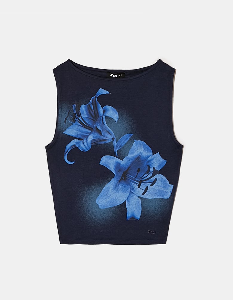 Ladies Blue Tank Top With Flowers-Ghost Front View
