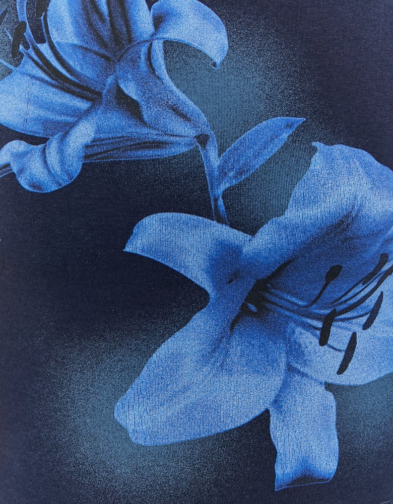 Ladies Blue Tank Top With Flowers-Close Up View
