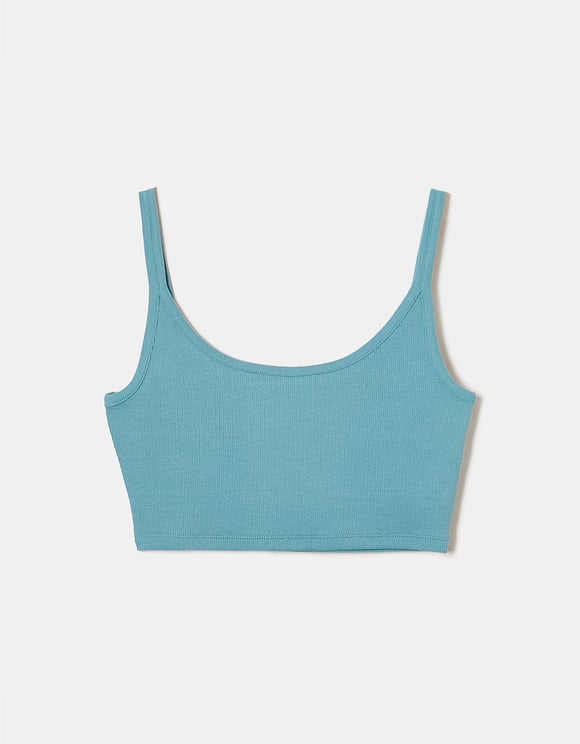Ladies Ribbed Blue Basic Top-Front View