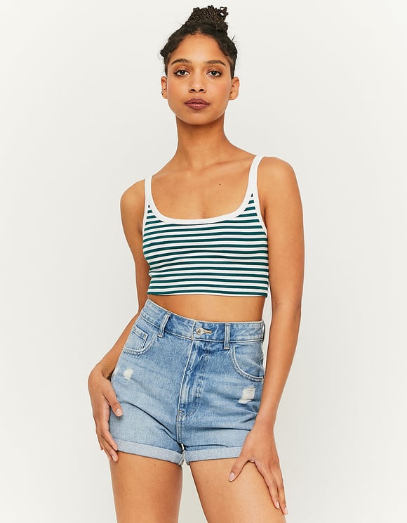 Ladies Ribbed Stripped Basic Top-Model Front View