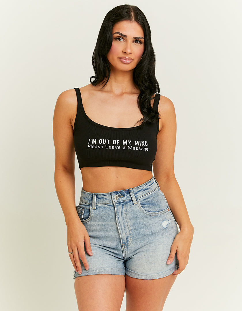 Ladies Black Cropped Out Of My Mind Printed Tank Top-Model Front View