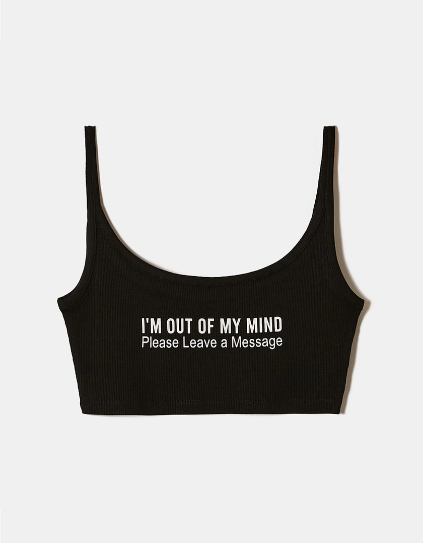 Ladies Black Cropped Out Of My Mind Printed Tank Top-Front View