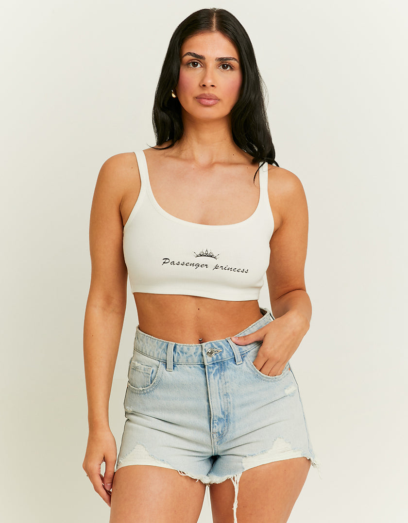 Ladies White Cropped Passenger Princess Printed Tank Top-Model Front View