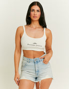 Tally Weijl White Cropped Passenger Princess Printed Tank Top WHITE flat front view