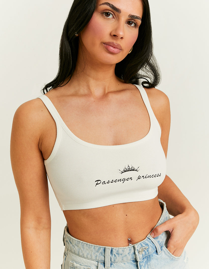 Ladies White Cropped Passenger Princess Printed Tank Top-Side View