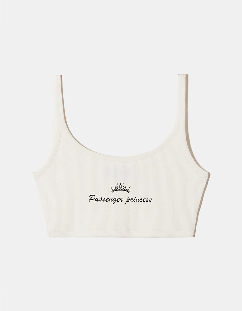 Ladies White Cropped Passenger Princess Printed Tank Top-Front View