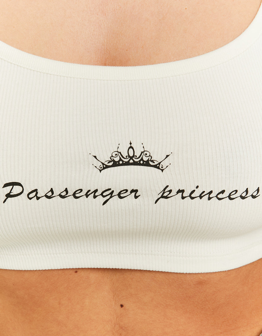 Ladies White Cropped Passenger Princess Printed Tank Top-Close Up View