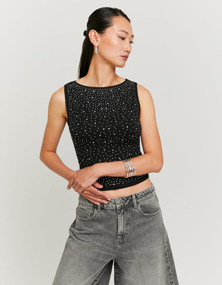 Ladies Black Tank Top With Rhinestones-Model Front View