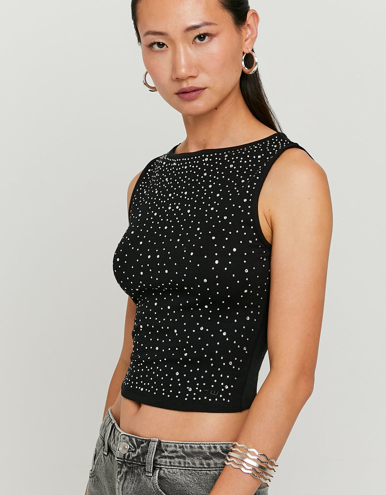 Ladies Black Tank Top With Rhinestones-Closer View of the Front