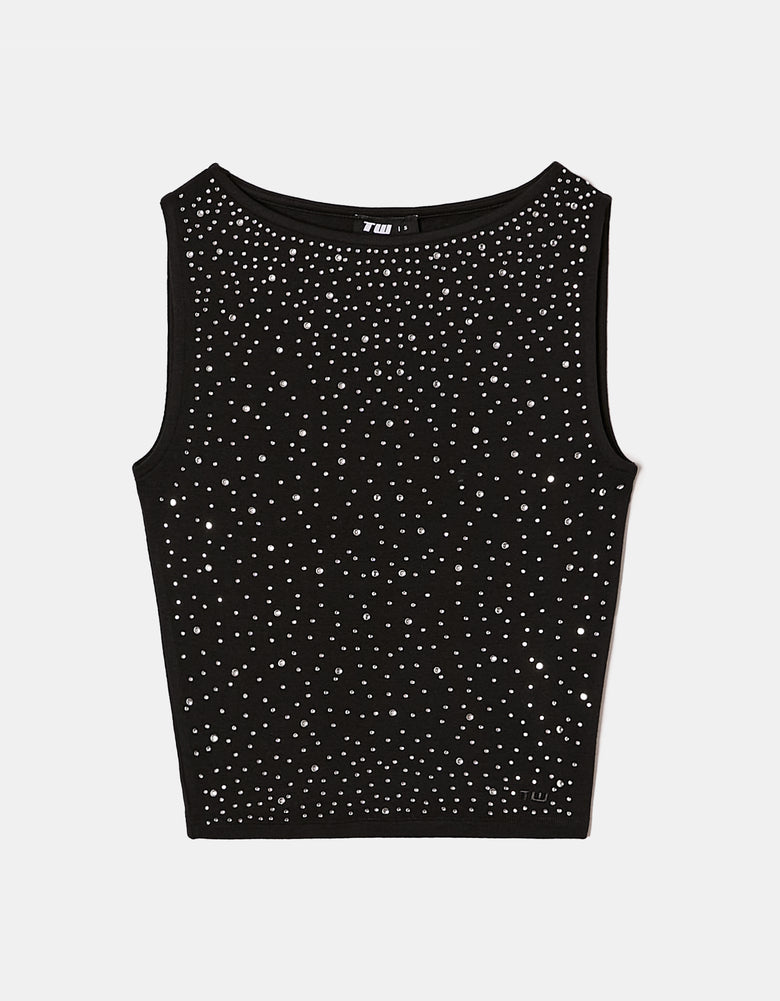 Ladies Black Tank Top With Rhinestones-Ghost Front View