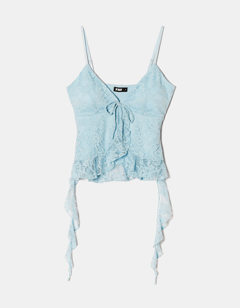 Ladies Light Blue Lace Top With Ruffles-Ghost Front View