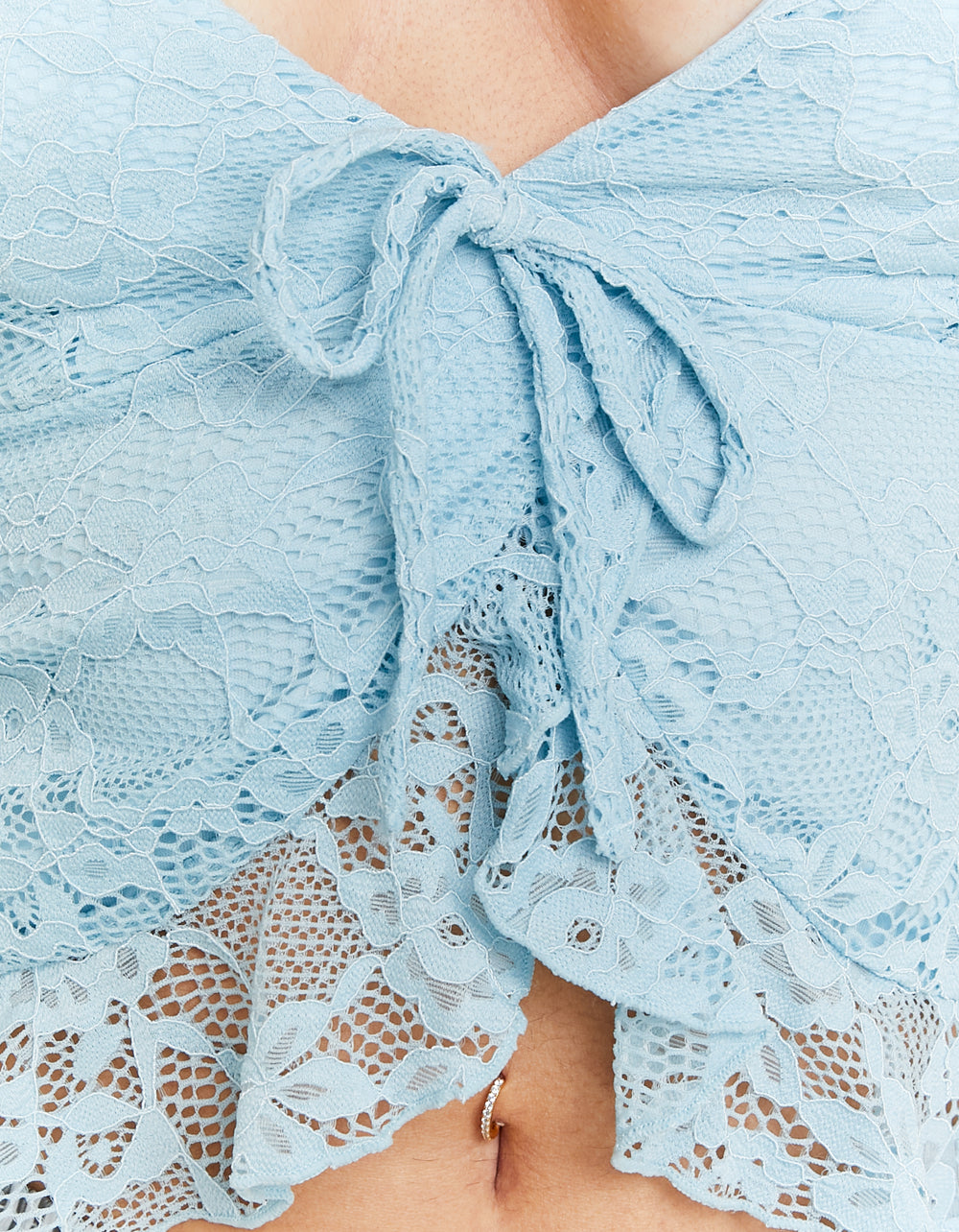 Ladies Light Blue Lace Top With Ruffles-Close Up View