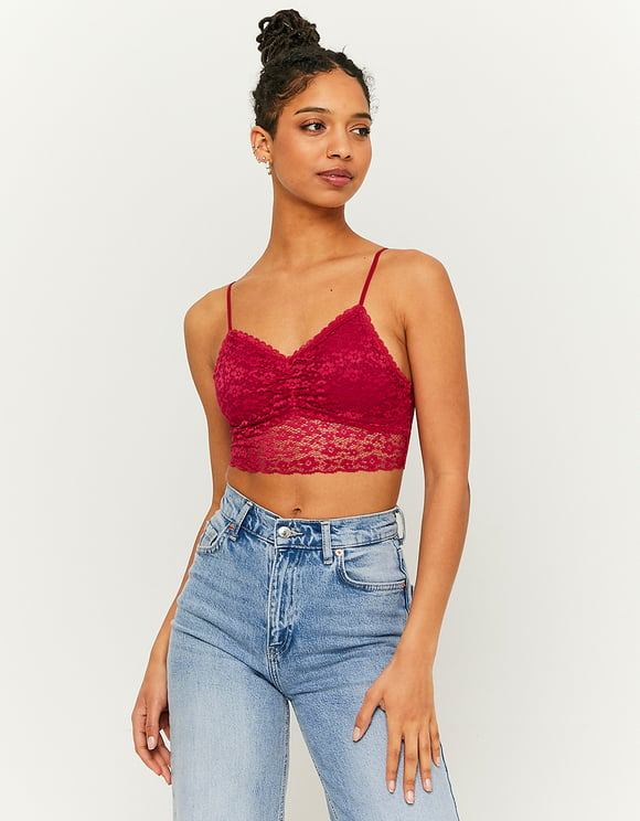 Ladies Pink Bralette With Lace-Model Front View